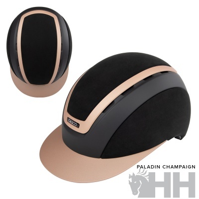 Capacete de equitação preto e champanhe com texto CASCO e PALADIN CHAMPAIGN HH.