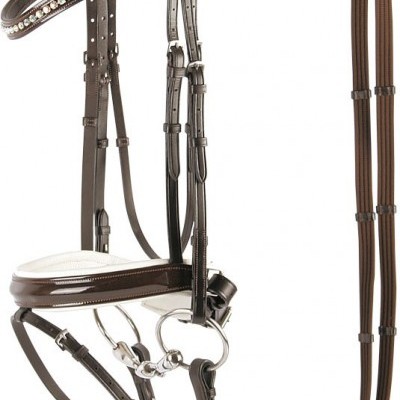 Freio cavalo em pele castanha com detalhes em metal e cristais transparentes.