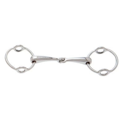 Freio de cavalo metálico prateado com peça central articulada
