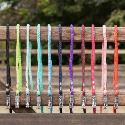 Cordas coloridas para animais penduradas em madeira com ganchos metálicos