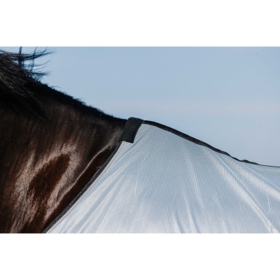 Manta protetora branca e preta num cavalo castanho