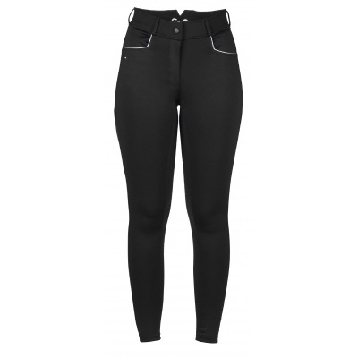 Calças justas pretas femininas com detalhe em branco e bolsos