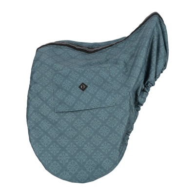 Capa protetora azul com padrão geométrico e bolso frontal