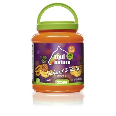 Frasco laranja com tampa verde de guloseimas EQUI natura Natural & Tasty