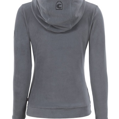 Casaco feminino cinza de fleece com capuz visto por trás