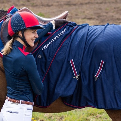 Cavalo com manta azul marinho e capacete azul e vermelho
