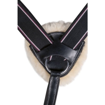 Peça de arreio para cavalo em couro preto e tiras elásticas com apoio de pelo sintético