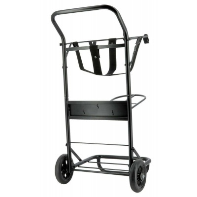 Carrinho de transporte preto em metal com rodas e correias