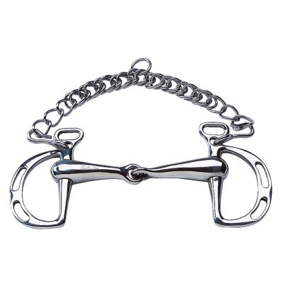 Freio de cavalo metálico cromado com corrente e argolas laterais