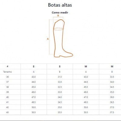 Tabela de tamanhos de botas altas com guia de medição