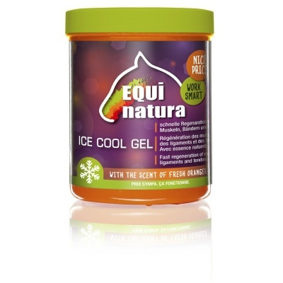 Frasco de gel ICE COOL GEL da marca EQUI natura com tampa verde