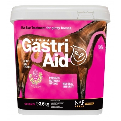 Embalagem para suplemento alimentar para cavalos com cavalo castanho e texto sobre saúde digestiva