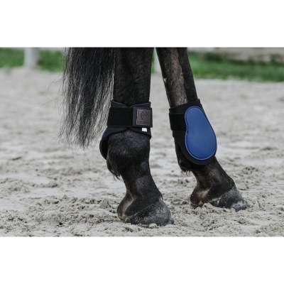 Patas traseiras de cavalo com proteção azul e negra em areia