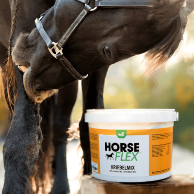 Recipiente branco e laranja do produto HORSE FLEX KRIEBELMIX com cavalo preto ao fundo