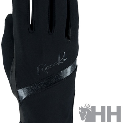 Luva preta Roeckl para mão direita com detalhes brilhantes e logótipo HH