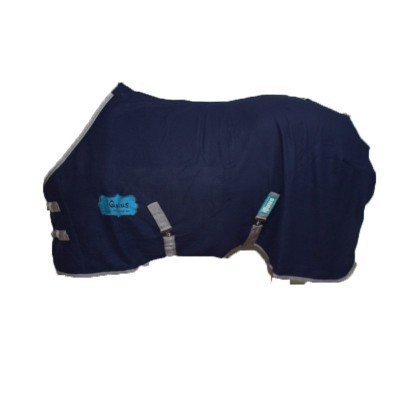 Cobertor azul escuro para cavalo com fitas cinzentas e etiquetas azuis