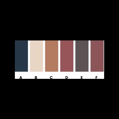 Paleta com seis amostras de cores lisas etiquetadas de A a F em tons de azul, bege e castanho