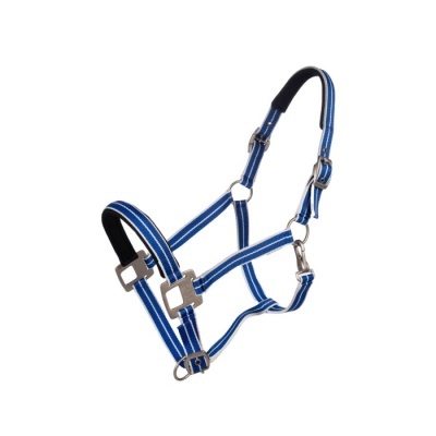 Cabresto de cavalo azul e branco com metal prateado.