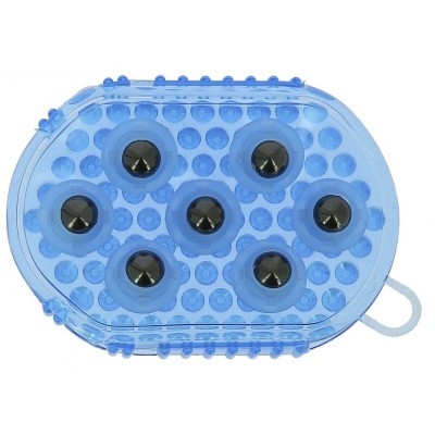 Escova corporal azul com esferas metálicas para massagem