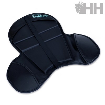 Almofada para sela de cavalo preta com faixa central e logo Lexhis gel