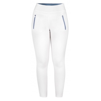 Leggings brancas com bolsos e fechos azuis