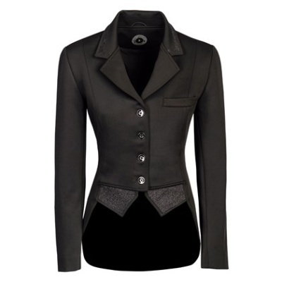 Blazer feminino preto com botões prateados e detalhes texturizados cinzento