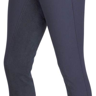 Calças de montar azul escuro com camurça e bolso num fundo branco