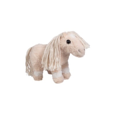 Pelúcia de cavalo cor bege claro com crina e cauda em fios longos e manchas brancas nas patas