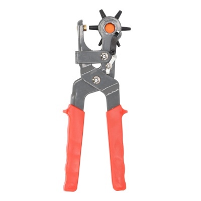 Alicates furador com punhos vermelhos e mecanismo rotativo preto.