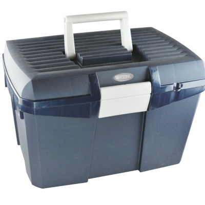 Caixa de ferramentas azul escuro com pega e fecho brancos