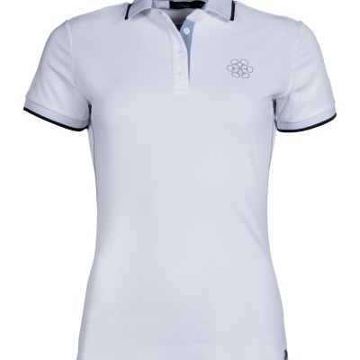Polo feminino branco com gola e botões cinza claro e detalhes pretos nas mangas
