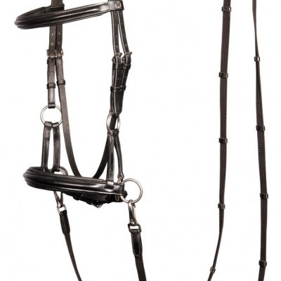 Bridão de equitação em couro preto com rédeas