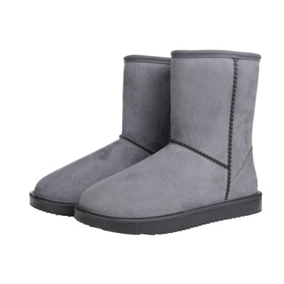 Par de botas cinzentas de cano médio com sola preta.
