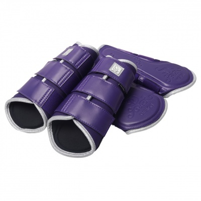 Proteções para patas de cavalo roxas com fechos velcro e acabamento cinza