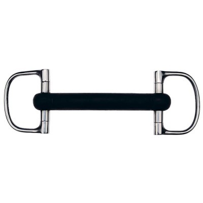 Freio de cavalo com barra de borracha preta e argolas metálicas prateadas