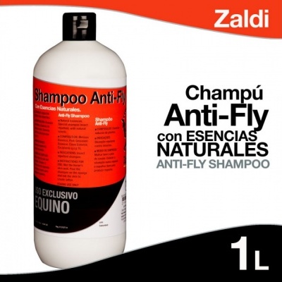 Frasco de shampoo anti-fly 1 litro com rótulo vermelho e preto da marca Zaldi