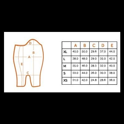 Desenho técnico de calções com tabela de tamanhos e medidas em centímetros