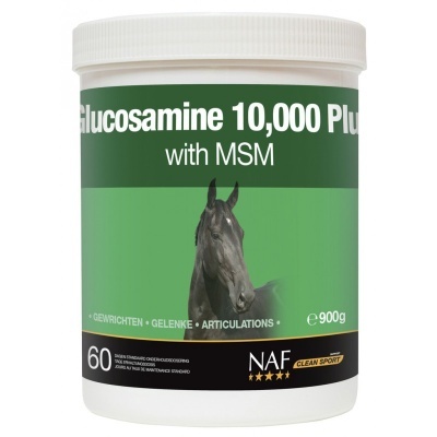Recipiente branco com suplemento Glucosamine 10,000 Plus para articulações, com imagem de cavalo preto no rótulo verde