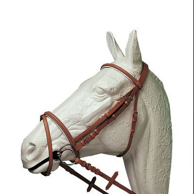 Cabeça de estátua de cavalo com rédea de couro castanho