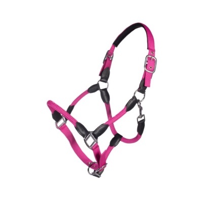 cabresto para cavalo rosa com couro preto e fivelas metálicas