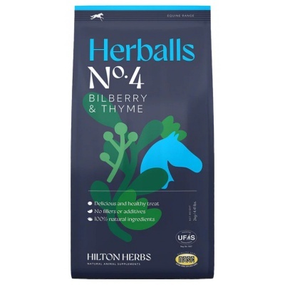 Embalagem azul escura Hilton Herbs Herballs Nº4 com ilustração de cavalo e texto