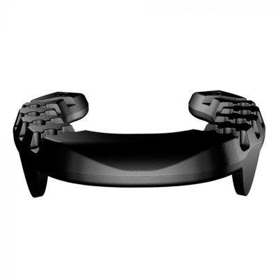 Acessório preto com design robusto e partes articuladas sobre fundo branco