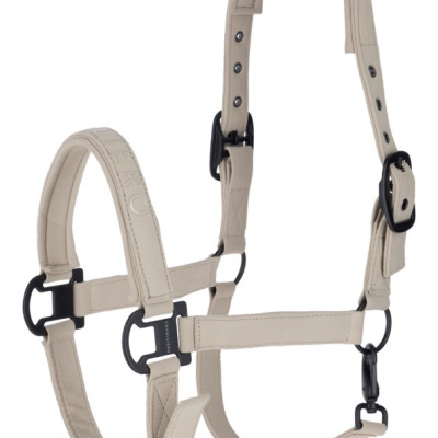 Cabresto bege para cavalo com fivelas pretas e inscrições.
