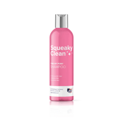 Frasco rosa de shampoo Squeaky Clean para cavalos com tampa prata