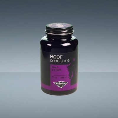 Frasco preto de suplemento HOOF conditioner com rótulo roxo e preto