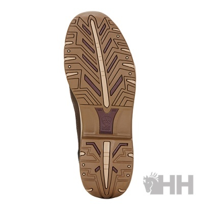 Sola de bota castanha com padrões antiderrapantes e logo HH