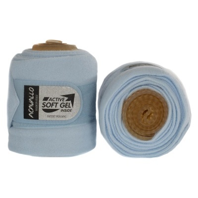 Par de bandagens azuis com gel e etiquetas pretas e cinzas