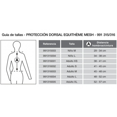 Tabela de tamanhos para proteção dorsal EQUITHÈME MESH com indicações de tamanhos e distâncias A entre ombros e cintura