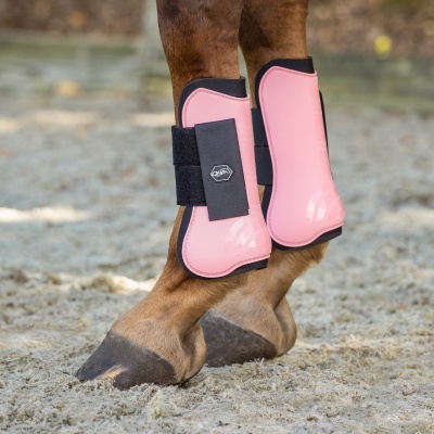 Proteções rosa para pernas de cavalo com tiras pretas em areia clara.