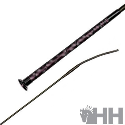 Chicote trançado preto e rosa com cabo metálico e logótipo HH com cabeça de cavalo